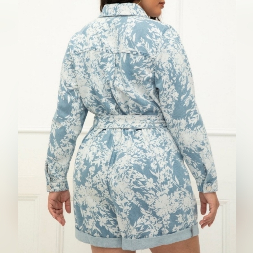 Eloquii Elements Floral Denim Romper In Blue And White Size 26 - Picture 4 of 13